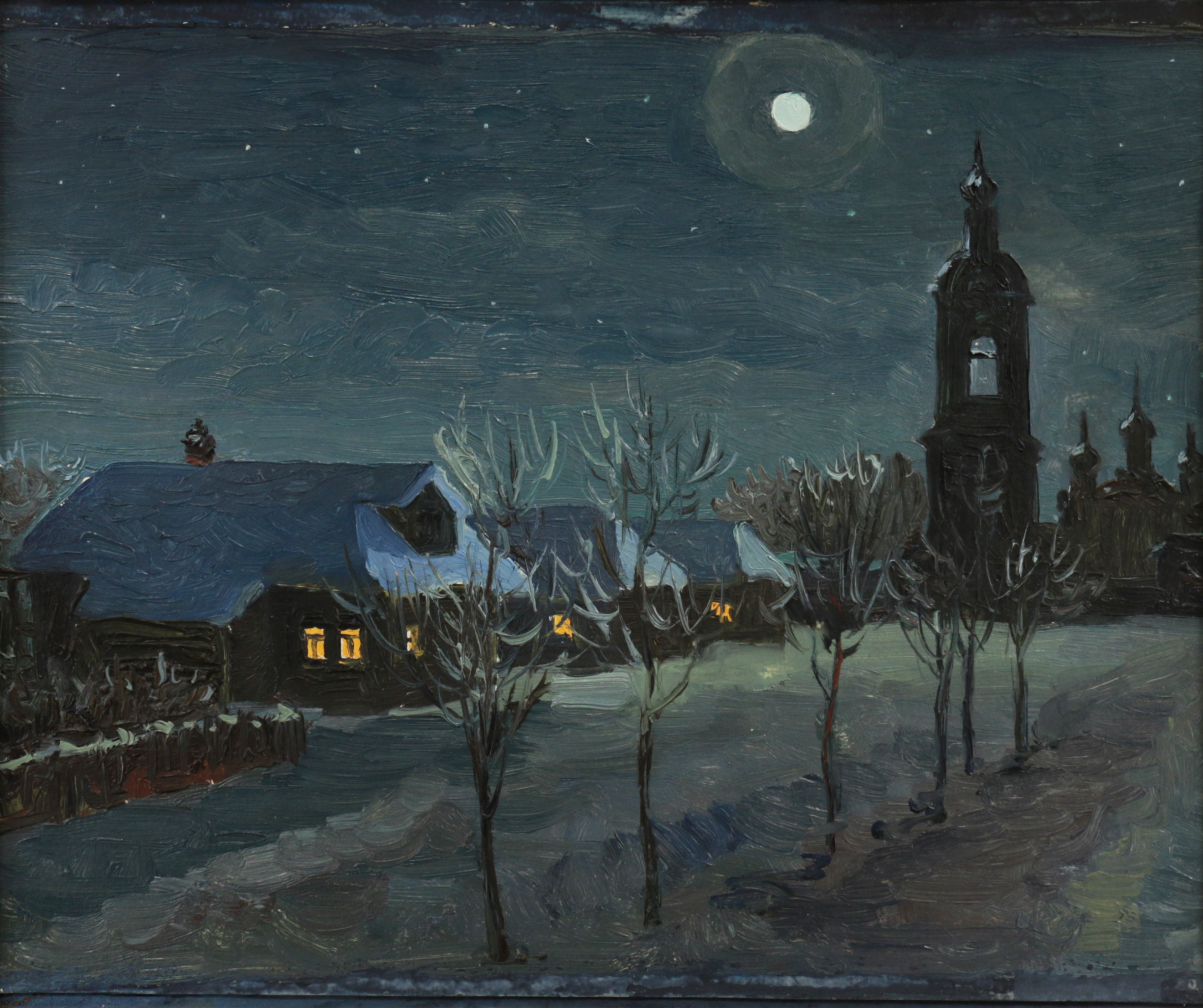 Лукин Б. Н. Плёс. Улица Урицкого ночью. 1958. Картон, масло. 31,5х37